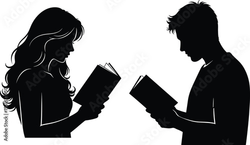 Black silhouette of man and woman reading books for education library services literature study academic learning publishing houses and professional knowledge vector illustrations