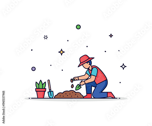 Tiny gardener planting seeds little gardener kneeling beside a small patch of soil while carefully planting seeds into the ground creating a peaceful gardening