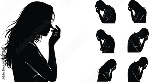 Black silhouette collection of sad depressed men and women for mental health awareness psychological stress concepts loneliness grief and emotional human vector illustrations