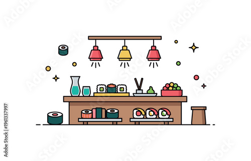 Little sushi counter scene adorable miniature sushi bar counter with colorful sushi rolls displayed on trays and small decorative elements around. Minimalist