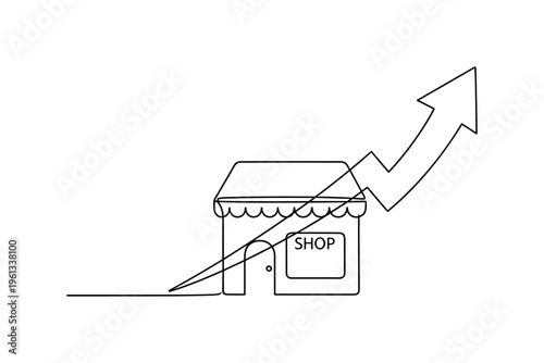 Small Business Growth. Minimalistic one-line drawing small shop building with upward arrow symbolizing business growth and progress, continuous single black