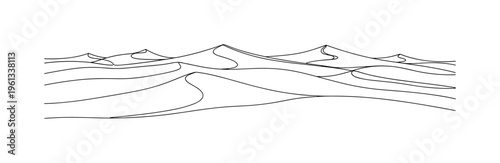 Minimal Desert Dunes. Minimalistic one-line drawing flowing layered dune waves stretching across horizon, continuous single black line on white background,