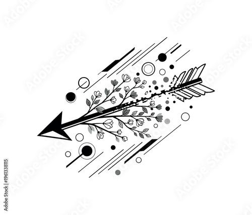 sagittarius arrow with blooming branch, scattered circles diagonal lines and geometric fragments suggesting motion and growth, black and white arrow