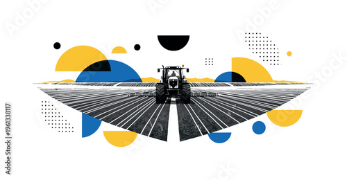 tractor and crop rows landscape with abstract semicircles circles and graphic blocks, black and white tractor moving through symmetrical agricultural field