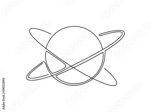 Planet and Orbit. Minimalistic one-line drawing circular planet with one clean orbit line crossing around it, continuous single black line on white background,