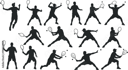 Black tennis player silhouette collection with various serving smashing and backhand poses for sports club branding tournament posters and professional athlete vector illustrations