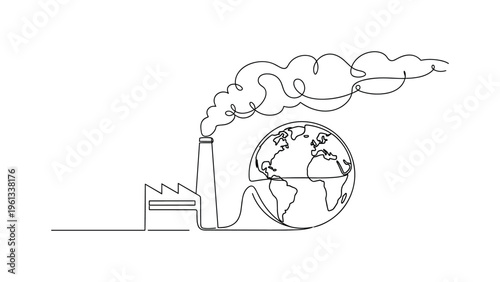 Industrial Pollution Worldwide. Minimalistic one-line drawing factory connected to globe with smoke flowing around it, continuous single black line on white