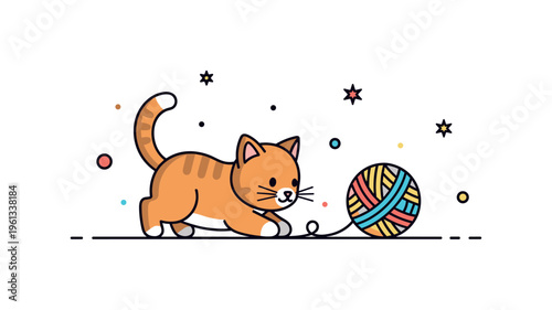Little playful kitten charming kitten rolling a colorful yarn ball across a gentle surface, creating a cozy indoor moment. Minimalist flat vector illustration,