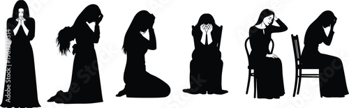 Black woman silhouette collection featuring sad praying and mourning poses for mental health awareness spiritual grief loneliness psychological stress and emotional human vector illustrations
