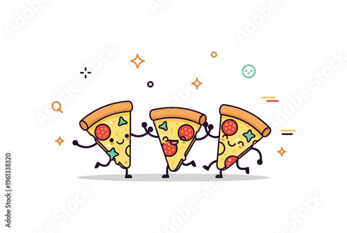 Mini pizza dance scene playful pizza slice characters with tiny arms and faces dancing together creating a cheerful snack themed illustration. Minimalist flat