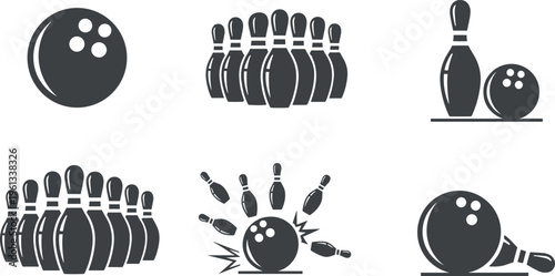 Bowling ball and pins silhouette collection for sports club branding tournament posters leisure activity leisure center logos strike competition and professional game vector illustrations