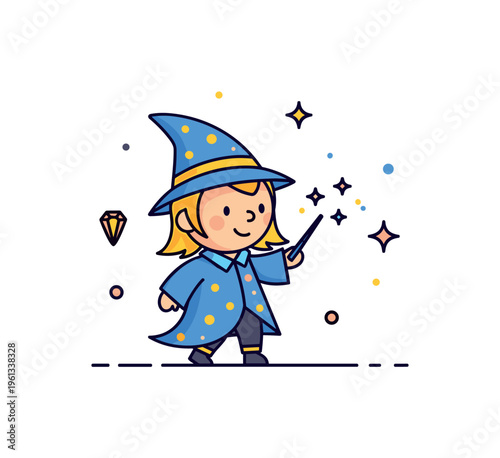 Little wizard magic moment cute tiny wizard holding a wand and conjuring bright sparkling magic in a playful scene. Minimalist flat vector illustration,