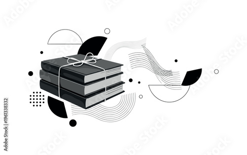 stack of photo albums tied with ribbon, semicircles curved lines and geometric dots balancing nostalgic composition, black and white vintage album stack