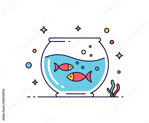 Mini fishbowl swimmer adorable fish circling calmly inside a glass bowl creating a charming tiny underwater moment. Minimalist flat vector illustration,