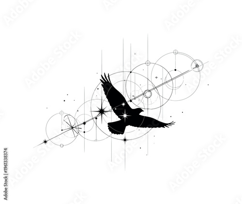bird flying across cosmic sky, geometric circles thin vertical lines and abstract shapes structuring airy composition, black and white bird silhouette passing