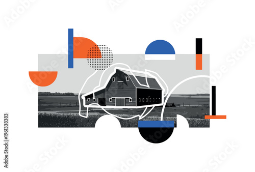 red barn countryside scene with geometric circles semicircles and abstract blocks, black and white vintage barn standing in open rural fields with white