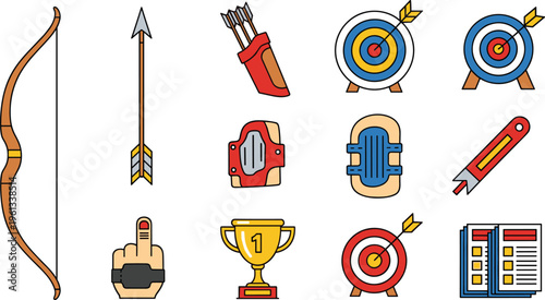 Archery Equipment Set with Bow Arrows Quiver Targets Trophy Scoring Board and Protective Gear Vector Illustration