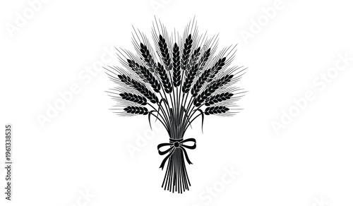 Silhouette of a bouquet of wheat tied with a ribbon on a white background
