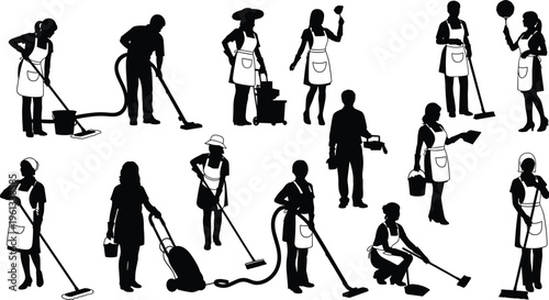 Professional cleaning service silhouette collection with janitors using vacuum cleaners mops and buckets for housekeeping branding home maintenance posters and commercial vector illustrations