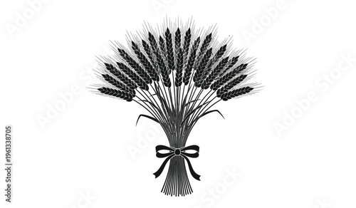 Silhouette of a decorative feather fan with a bow tie black and white illustration