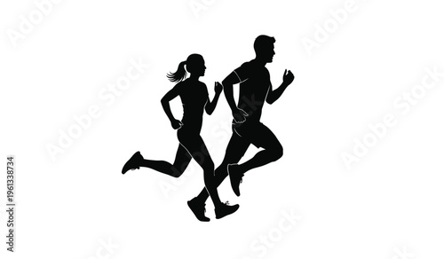 Silhouette of a man and woman running together in a fitness exercise routine