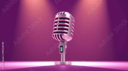 Vintage microphone stands center stage. Pink lighting creates dramatic mood, highlighting metallic details. Stage appears empty, ready performance.