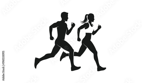 Silhouette of a man and woman running together in a fitness exercise routine