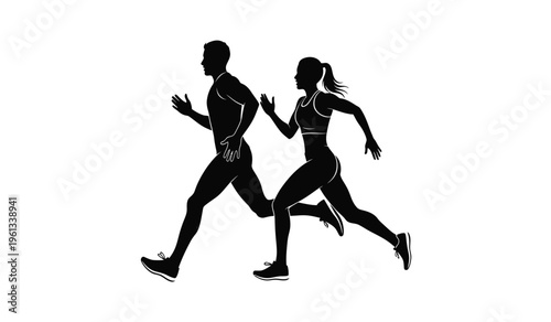 Silhouette of a man and woman running together in a side view