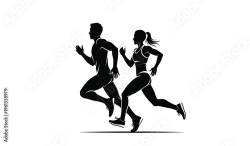 Silhouette of a man and woman running together in a fitness silhouette