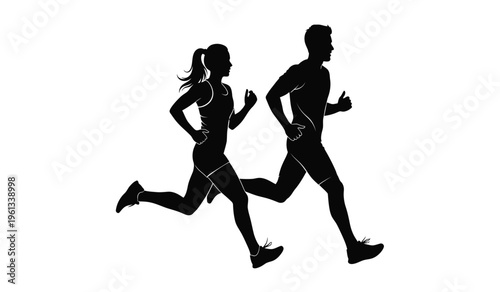 Silhouette of a man and woman running together in a fitness routine