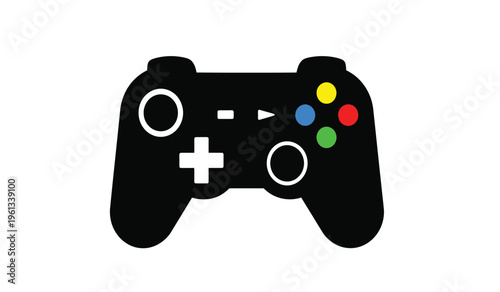 A silhouette of a video game controller with colorful buttons and white accents on a plain white background silhouette