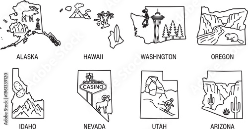 Hand-Drawn Line Art Western US State Maps Concept, Hand Drawn Vector Set of Western US State Maps with Iconic Landmarks for Travel Concept