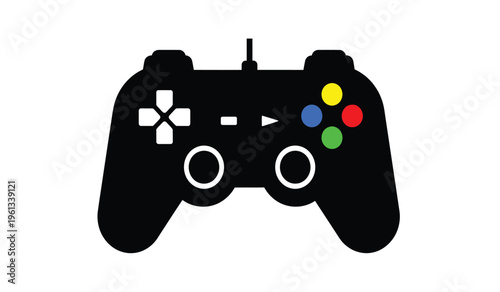 A silhouette of a video game controller with colorful buttons and a white background