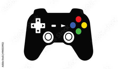 A silhouette of a classic video game controller with colorful buttons