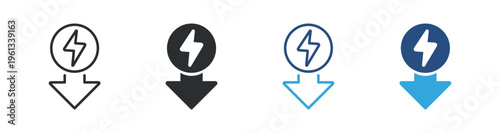 Save energy icon set ,  Low power consumption symbol with lightning and down arrow , Vector Illustration