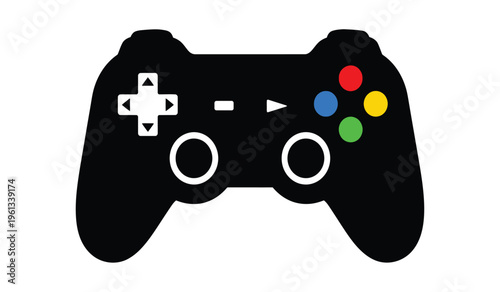 A silhouette of a standard video game controller with colored buttons and directional pad