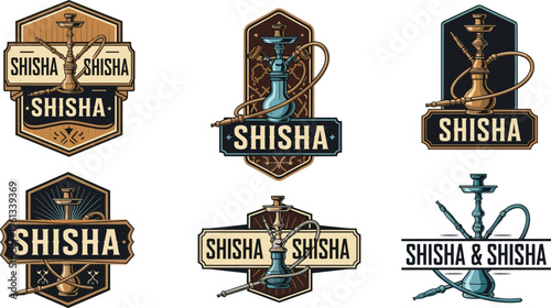 Vintage Shisha Icon Set Featuring Retro Shisha and Hookah Logos for Lounge, Café, and Smoking Lounge Graphic Projects