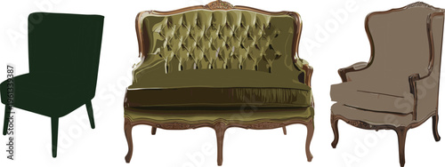 Vintage luxury furniture set featuring classic velvet sofa, antique armchair and wingback chair, elegant interior decor vector illustration isolated on white background.