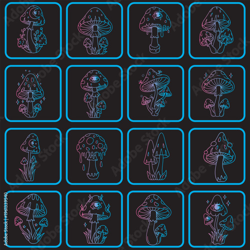 Vibrant Glowing Neon Mushroom Illustrations Collection - Psychedelic Fungi Designs