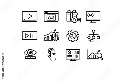 Game Ad Icons. Game Advertising. Line outline icon set of Game Advertising: video ad, banner ad, rewarded ad,