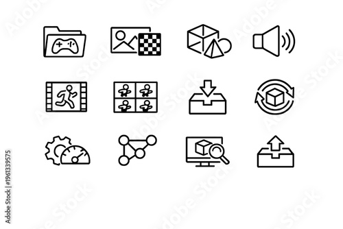Game Asset Management. Line outline icon set of Game Asset Management: asset folder, texture