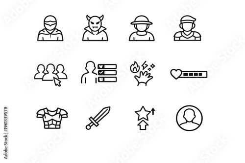 Game Characters. Line outline icon set of Game Characters: hero character, villain character