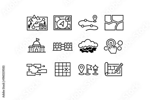 Map Design. Line outline icon set of Map Design: game map, minimap view, navigation paths,