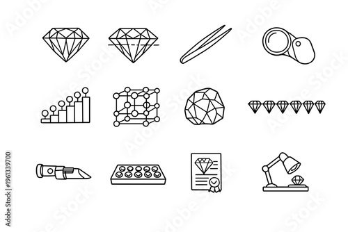 Gemology. Line outline icon set of Gemology: faceted gemstone, diamond cut diagram, gemstone