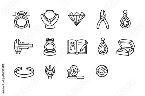 Jewelry Design Icons. Jewelry Design. Line outline icon set of Jewelry Design: ring sketch, necklace design,