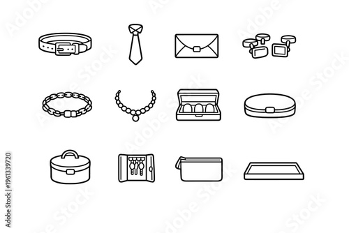 Premium Accessories. Line outline icon set of Premium Accessories: leather belt, silk tie,