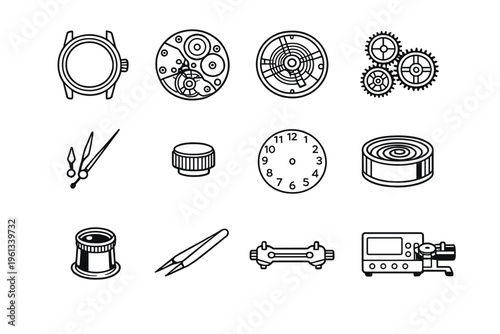 Watchmaking. Line outline icon set of Watchmaking: wristwatch case, watch movement, balance