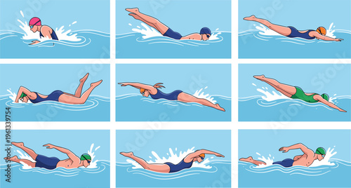 Professional swimmers performing various strokes and diving techniques in water icons for sports competition, fitness training, pool exercise, and summer activity concept.