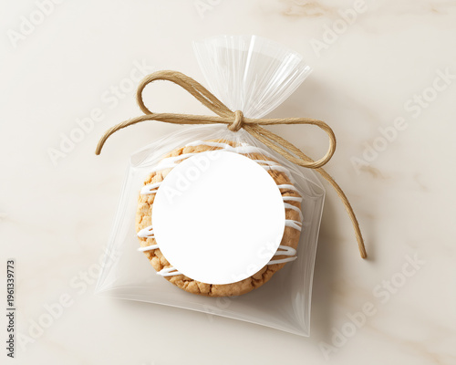 Crumble cookie wrapped in transparent packaging with blank label