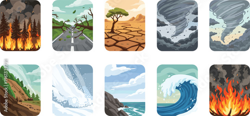 Natural disasters and climate change icons showing forest fire, drought, tornado, hurricane, landslide, avalanche, tsunami wave, and wildfire for environmental emergency concept.